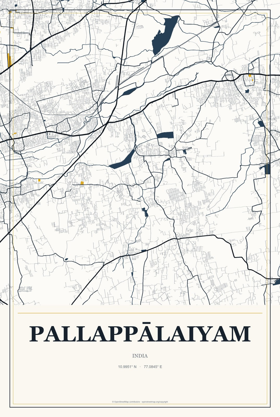 Pallappālaiyam, India City Map Aluminum Sign in Citrine Modern style