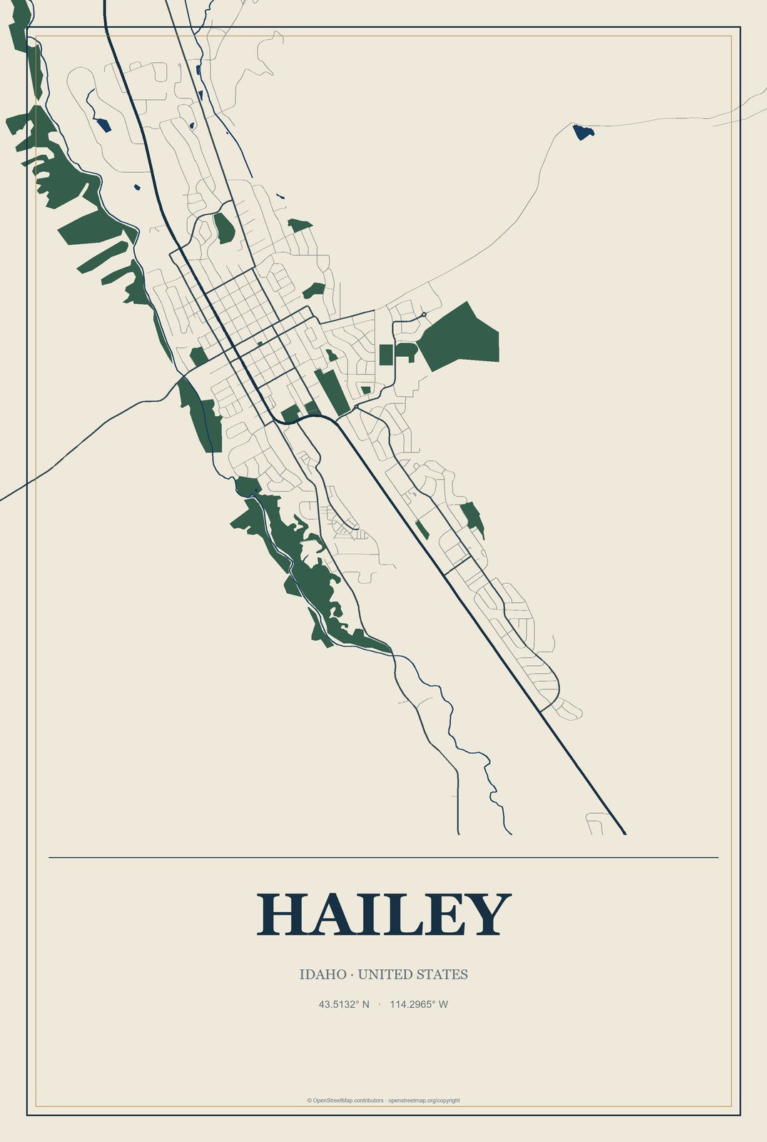 Hailey, Idaho City Map Aluminum Sign in Coastal Cutout style