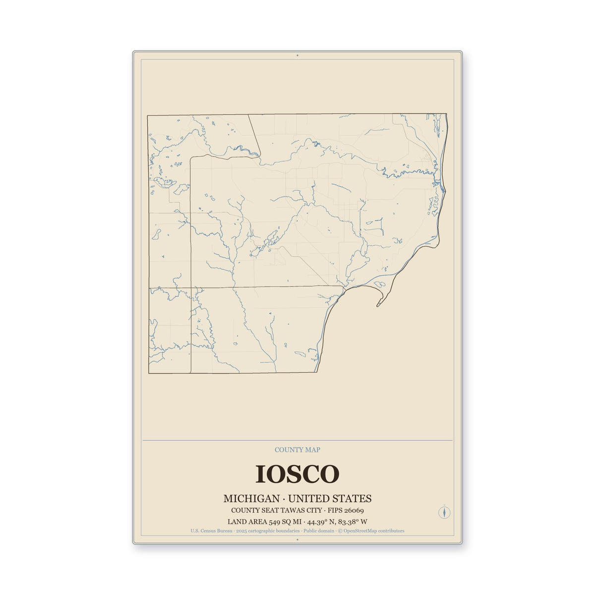 Iosco County, Michigan Map Aluminum Sign in Heritage Nautical style