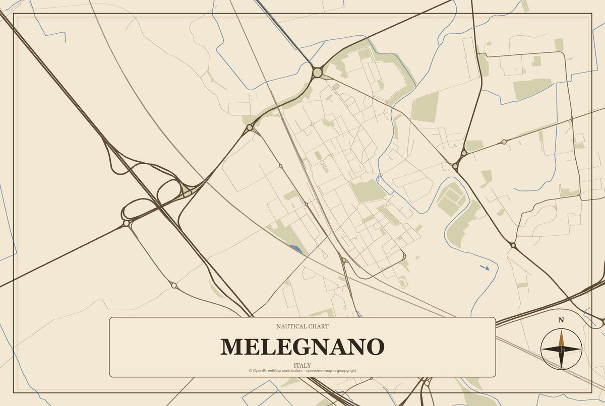 Melegnano, Italy City Map Aluminum Sign in Heritage Nautical style