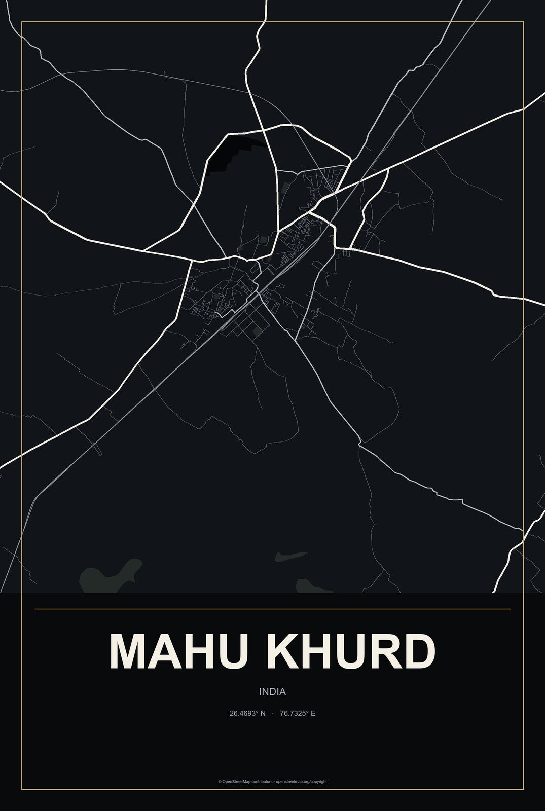 Mahu Khurd, India City Map Aluminum Sign in Metropolitan Noir style