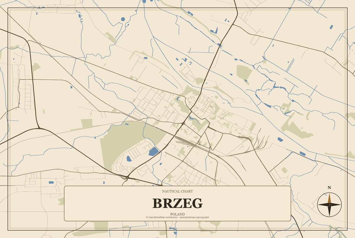 Brzeg, Poland City Map Aluminum Sign in Heritage Nautical style