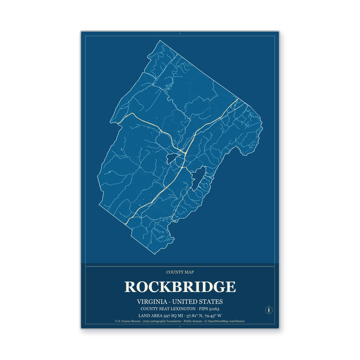 Rockbridge County, Virginia Map Aluminum Sign in Harbor Cobalt style