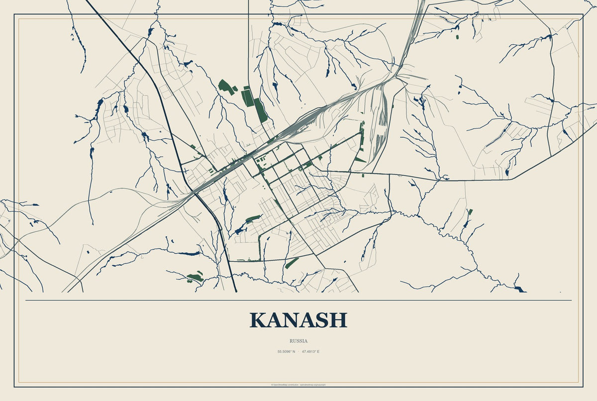 Kanash, Russia City Map Aluminum Sign in Coastal Cutout style