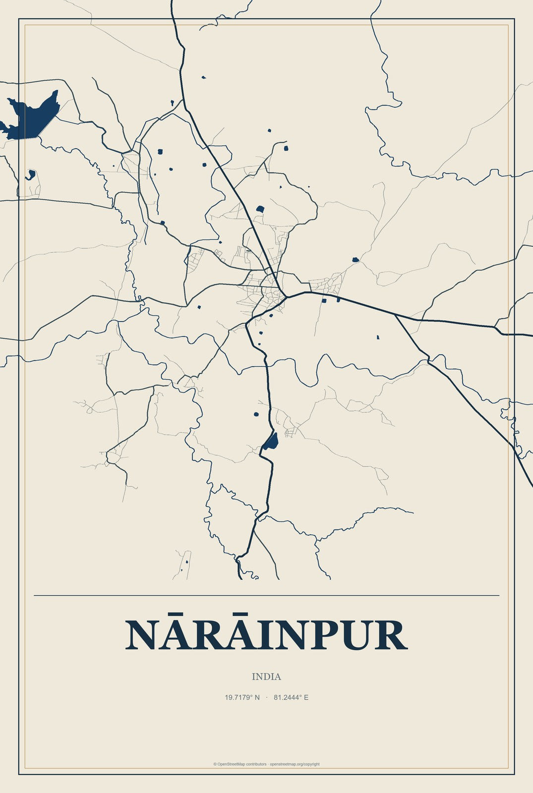Nārāinpur, India City Map Aluminum Sign in Coastal Cutout style