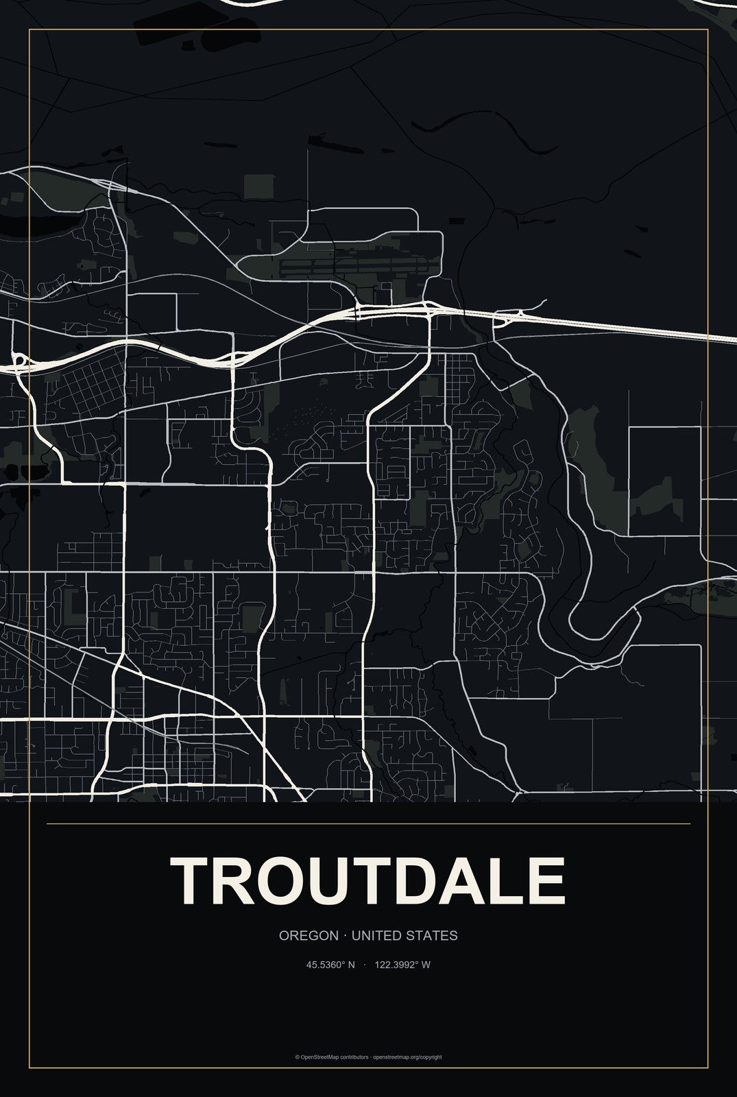 Troutdale, Oregon City Map Aluminum Sign in Metropolitan Noir style