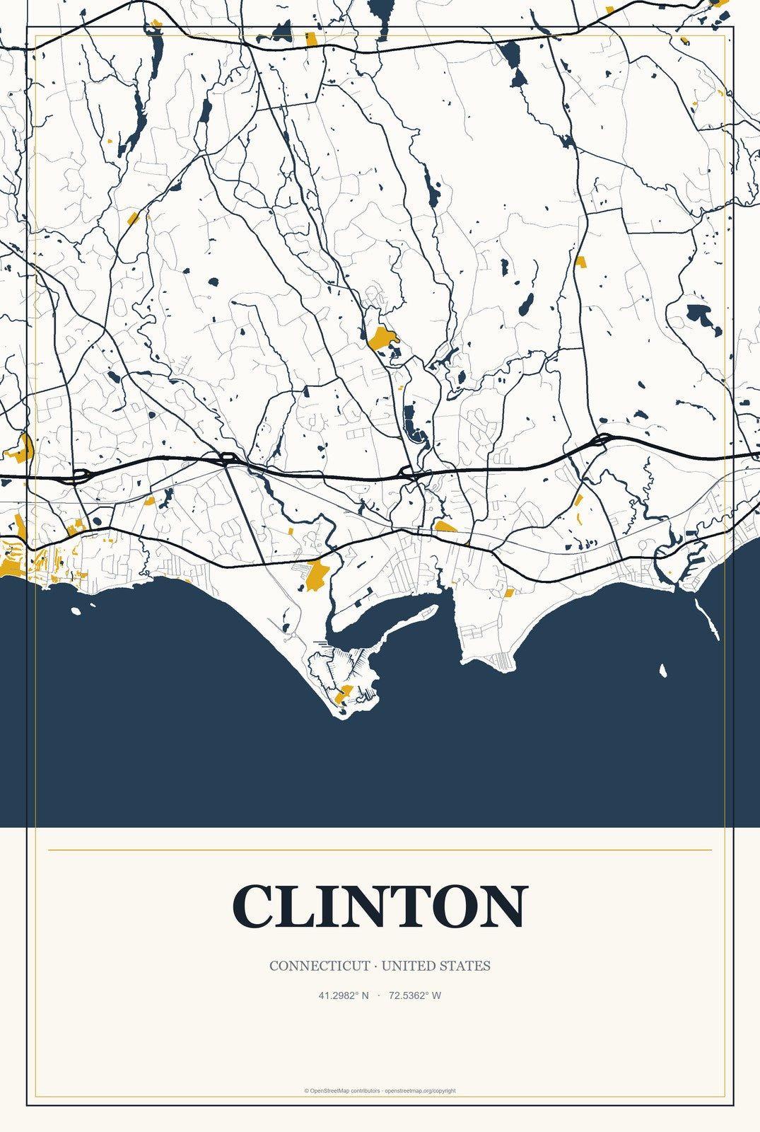 Clinton, Connecticut City Map Aluminum Sign in Citrine Modern style
