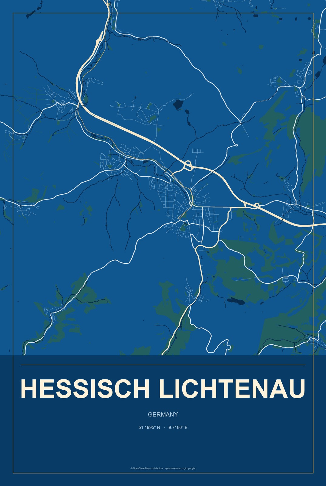 Hessisch Lichtenau, Germany City Map Aluminum Sign in Harbor Cobalt style