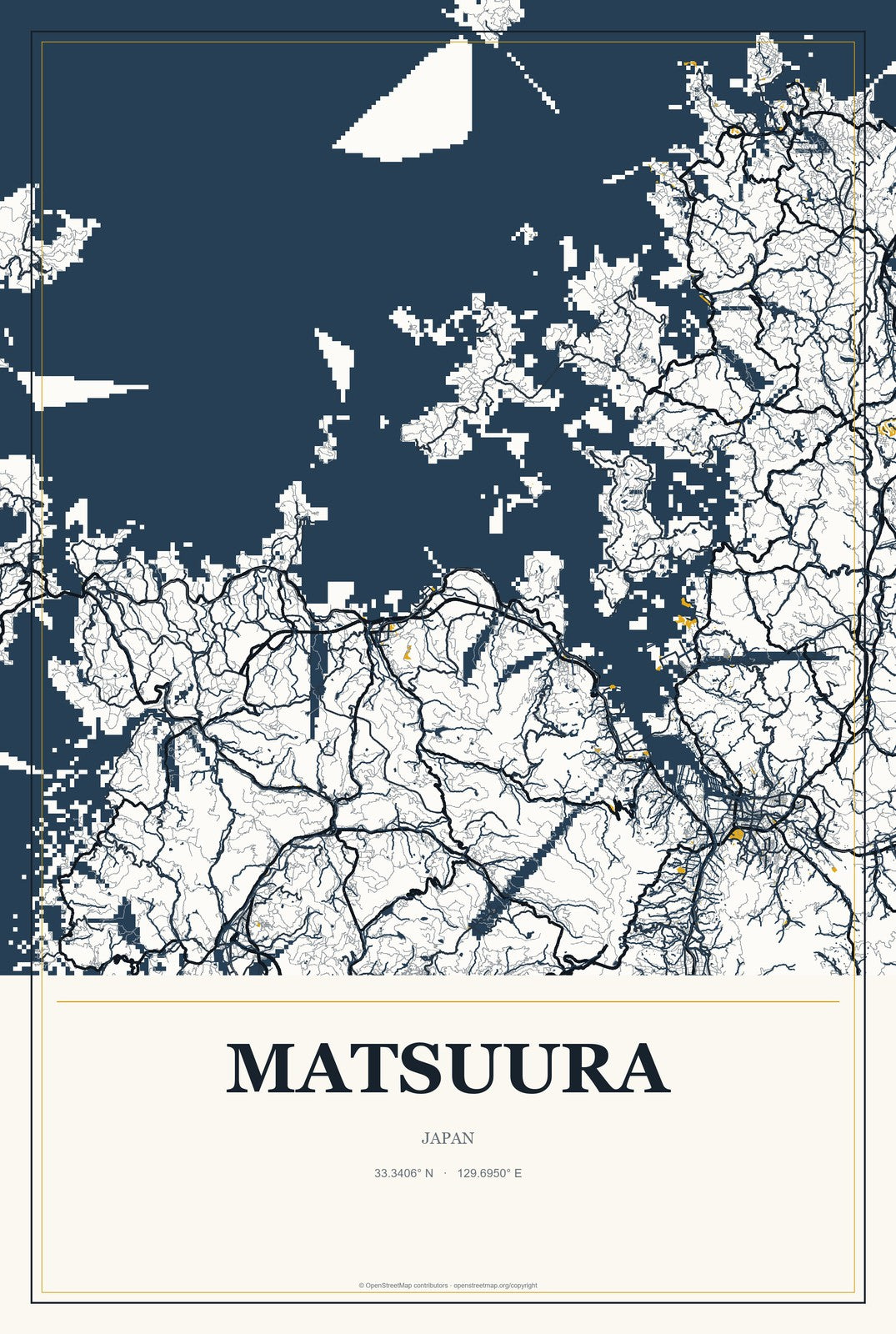 Matsuura, Japan City Map Aluminum Sign in Citrine Modern style