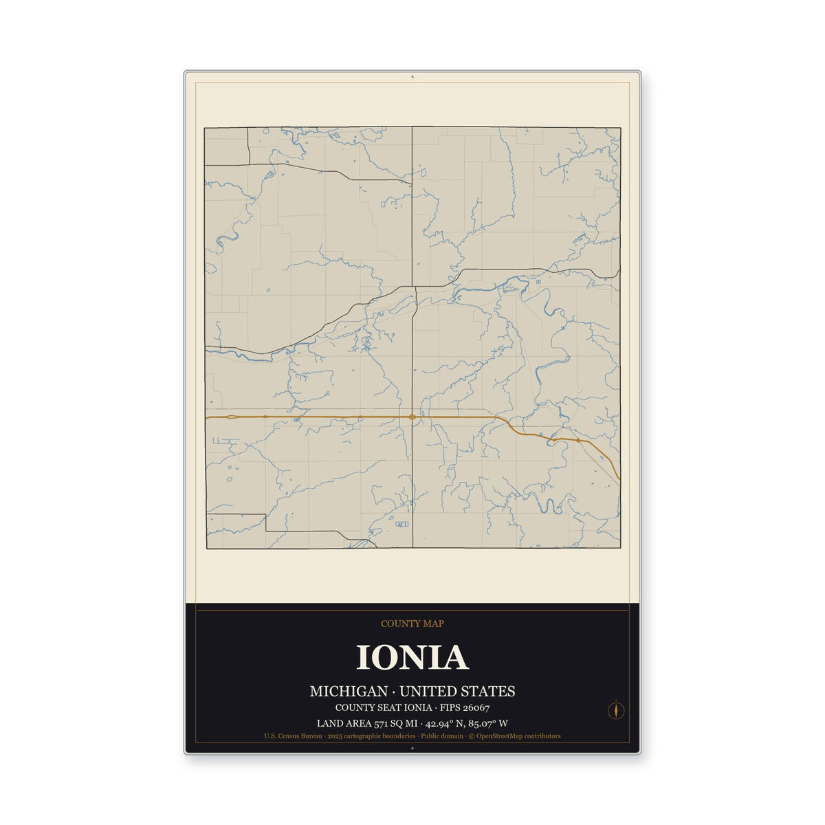 Ionia County, Michigan Map Aluminum Sign in Museum Plaque style