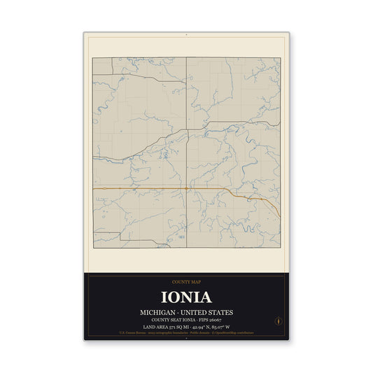 Ionia County, Michigan Map Aluminum Sign in Museum Plaque style