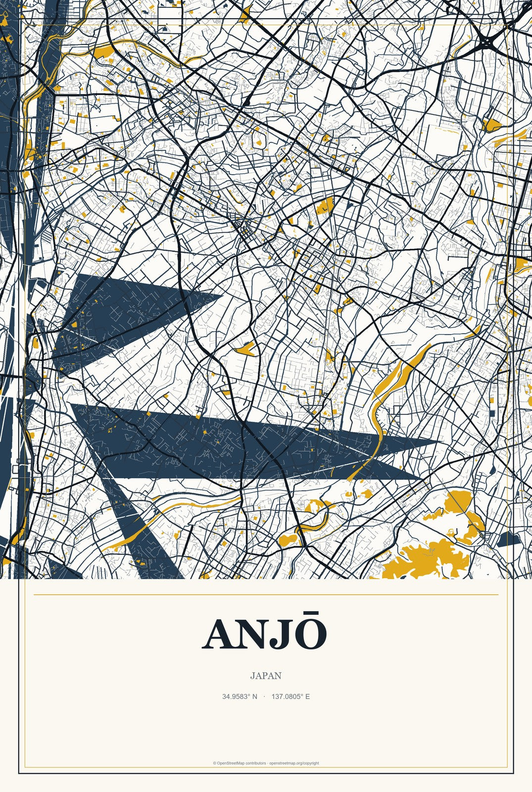 Anjō, Japan City Map Aluminum Sign in Citrine Modern style
