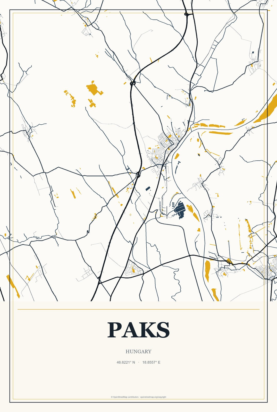 Paks, Hungary City Map Aluminum Sign in Citrine Modern style