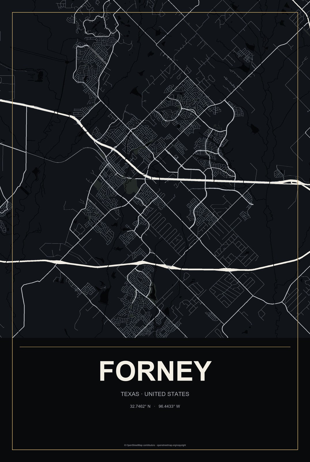 Forney, Texas City Map Aluminum Sign in Metropolitan Noir style