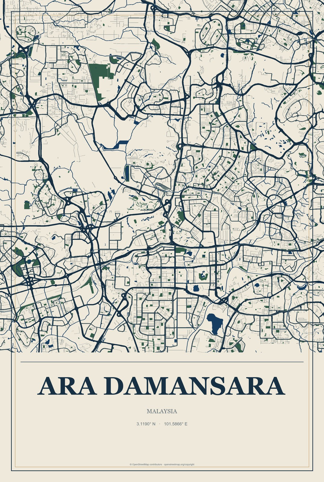 Ara Damansara, Malaysia City Map Aluminum Sign in Coastal Cutout style