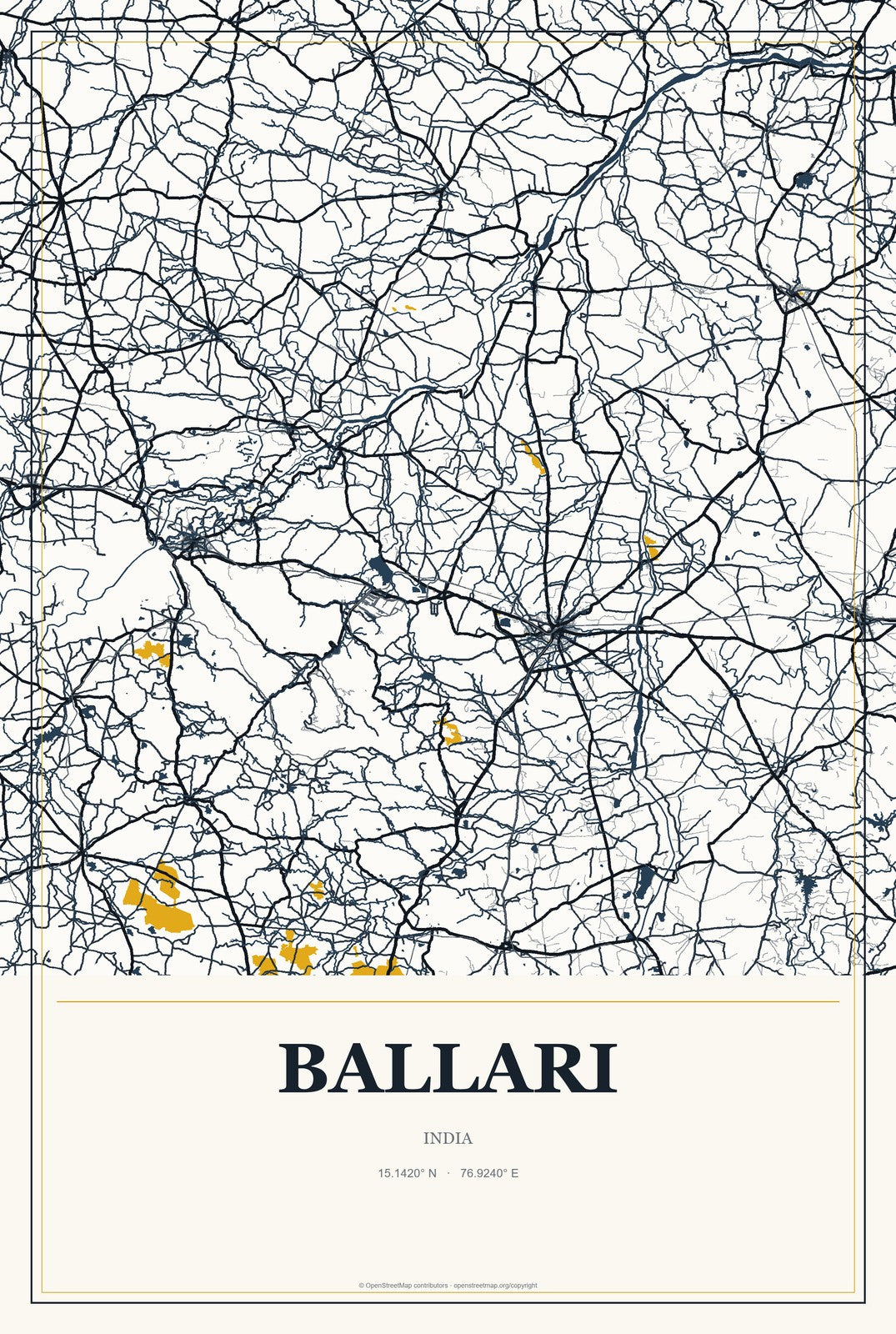 Ballari, India City Map Aluminum Sign in Citrine Modern style