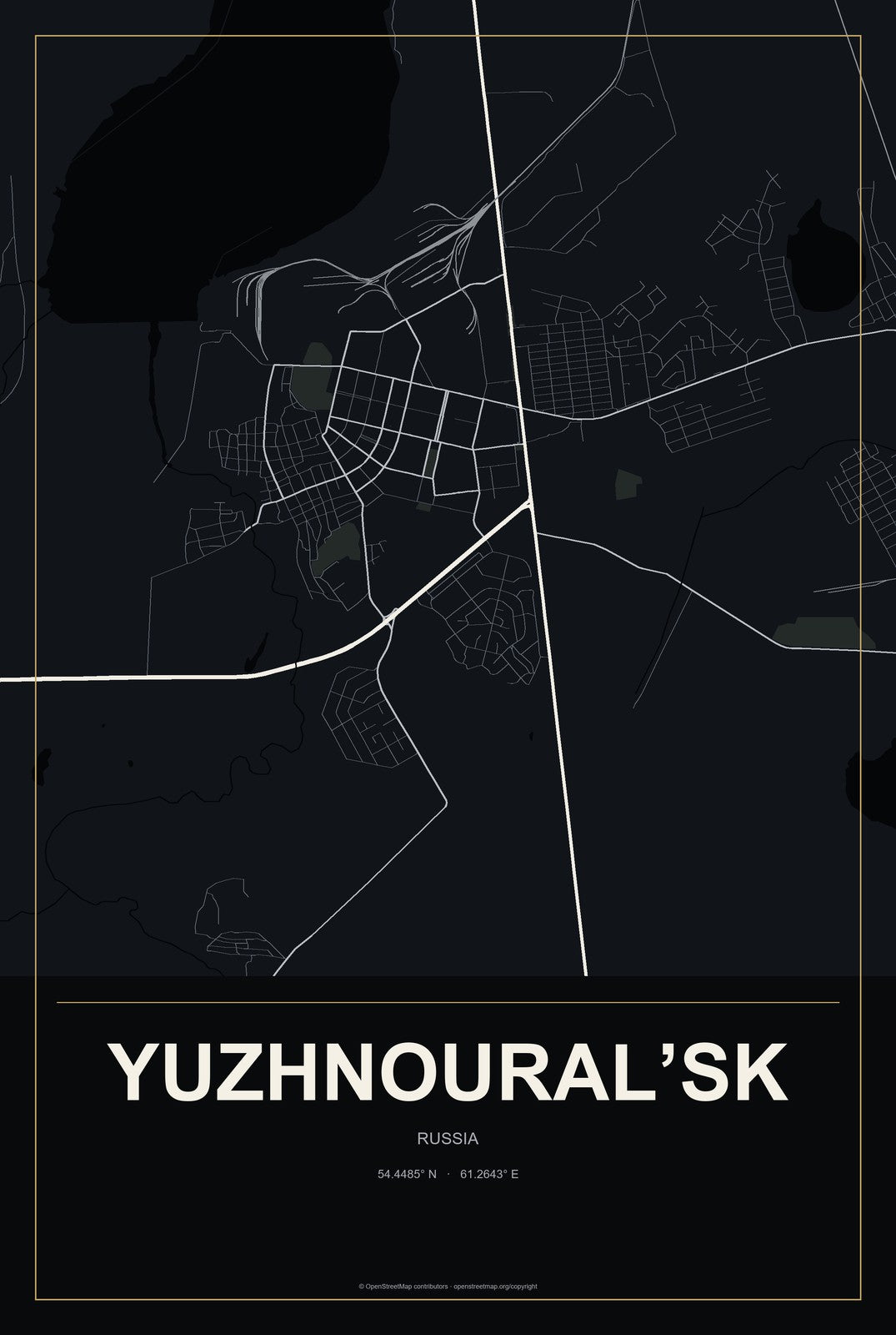 Yuzhnoural’sk, Russia City Map Aluminum Sign in Metropolitan Noir style