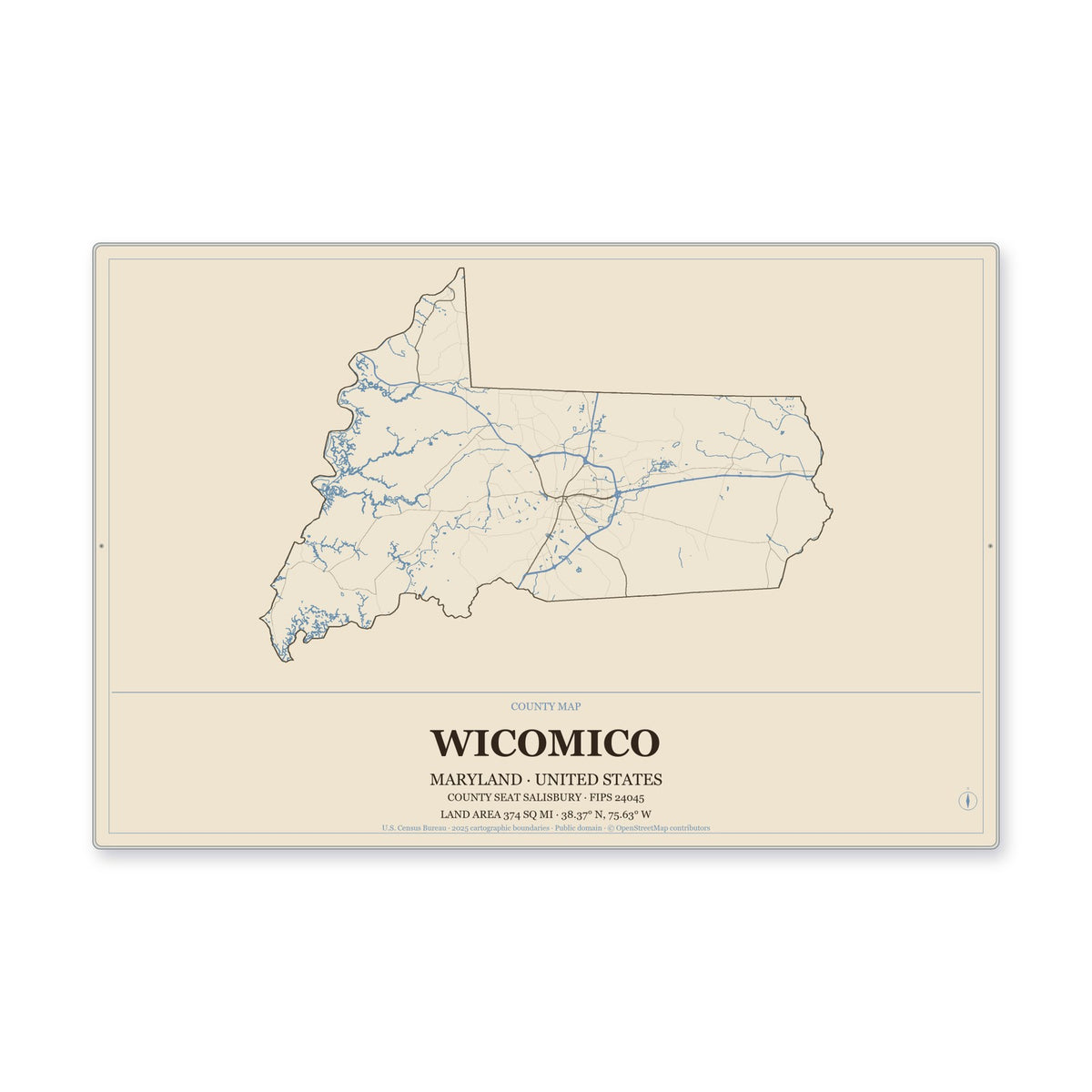 Wicomico County, Maryland Map Aluminum Sign in Heritage Nautical style