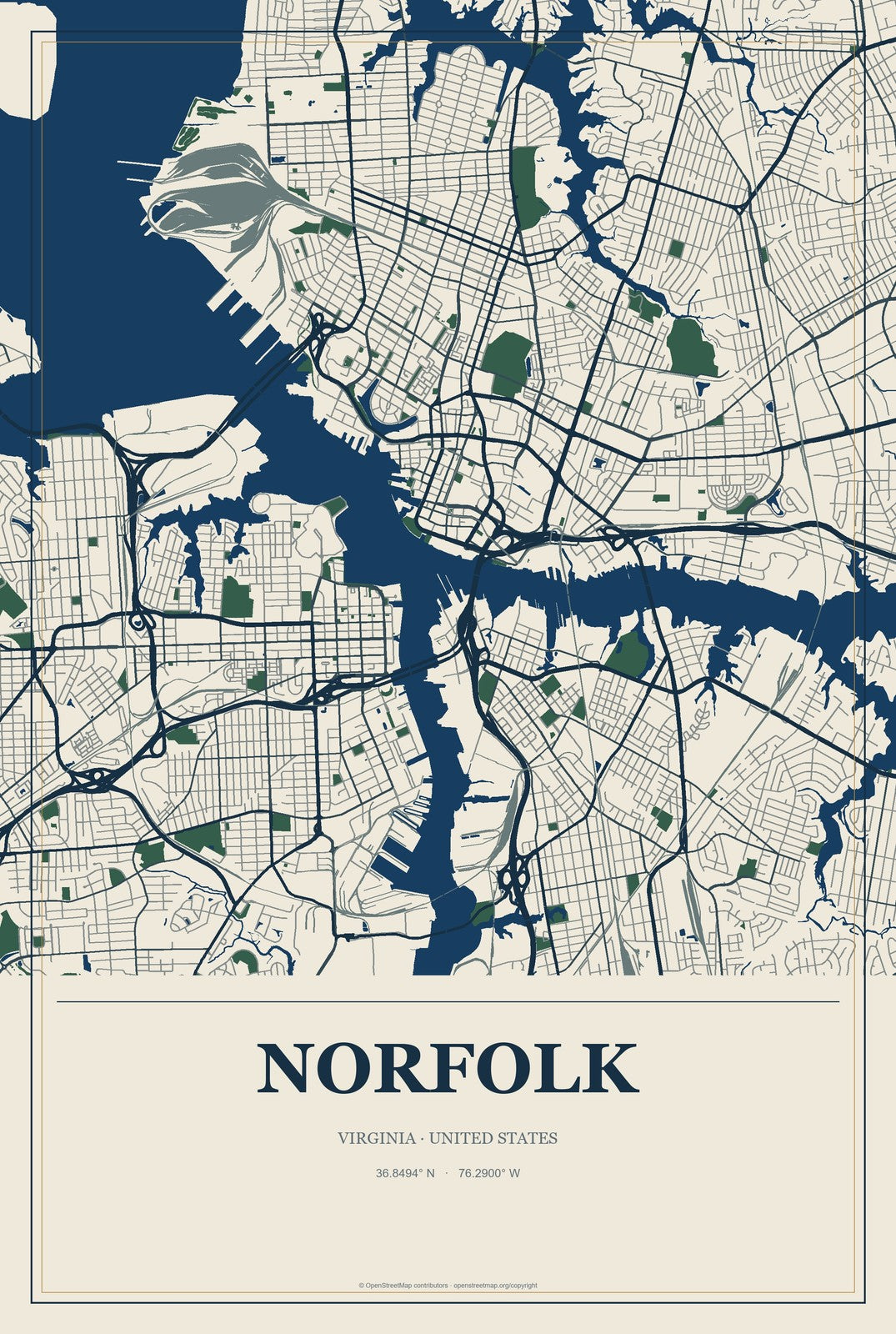 Norfolk, Virginia City Map Aluminum Sign in Coastal Cutout style