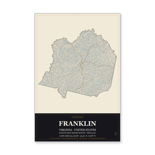 Franklin County, Virginia Map Aluminum Sign in Museum Plaque style