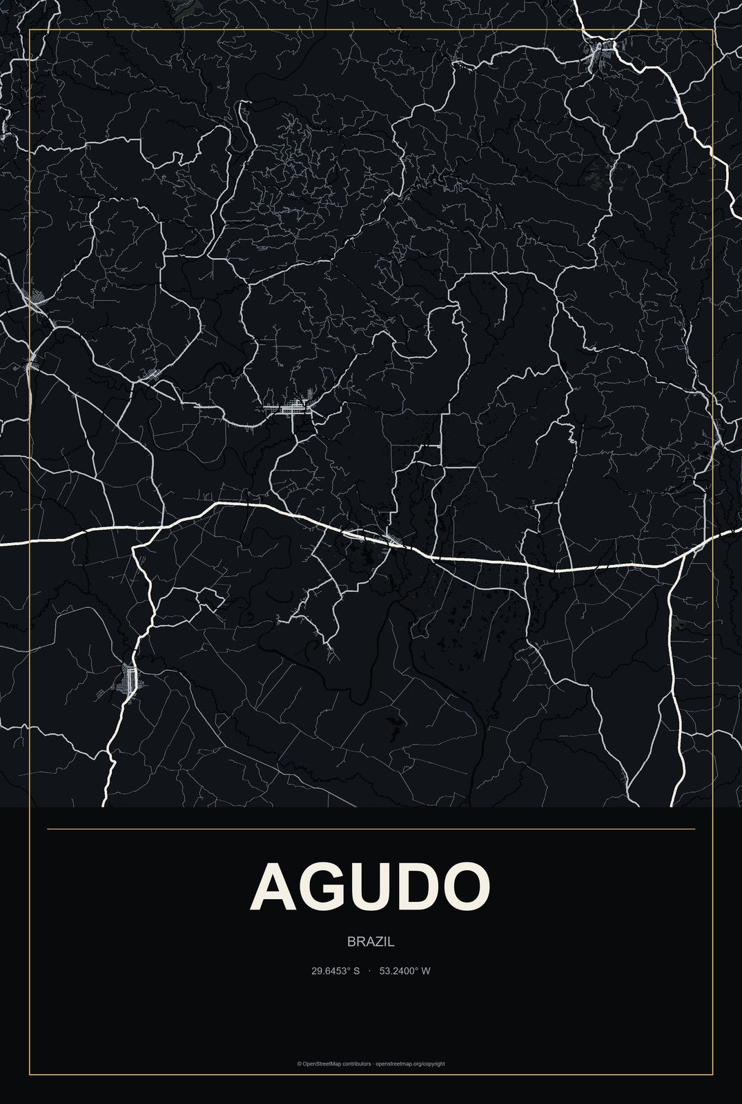 Agudo, Brazil City Map Aluminum Sign in Metropolitan Noir style