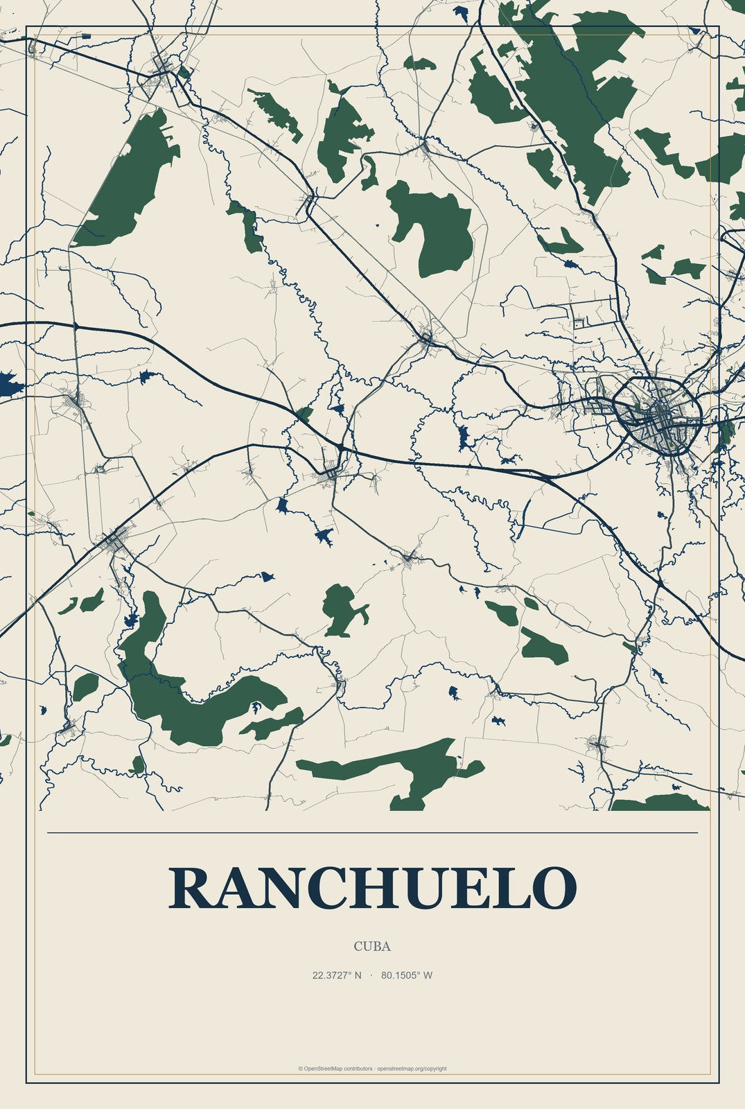 Ranchuelo, Cuba City Map Aluminum Sign in Coastal Cutout style