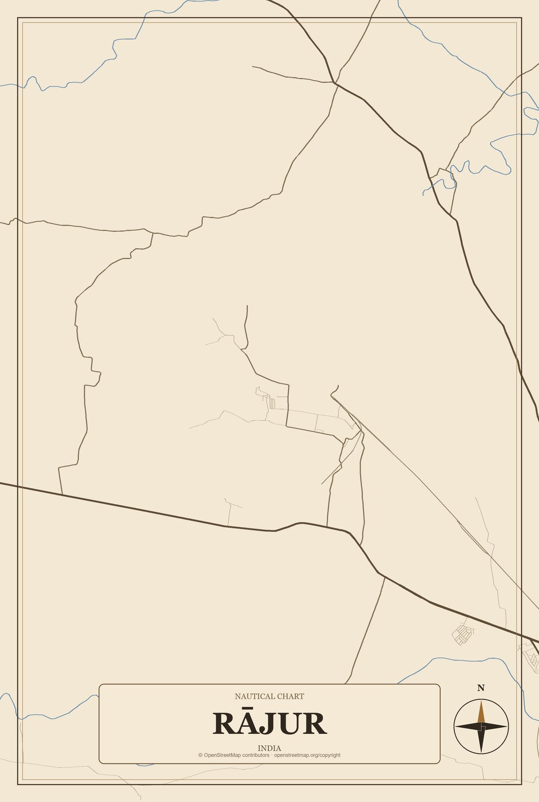 Rājur, India City Map Aluminum Sign in Heritage Nautical style