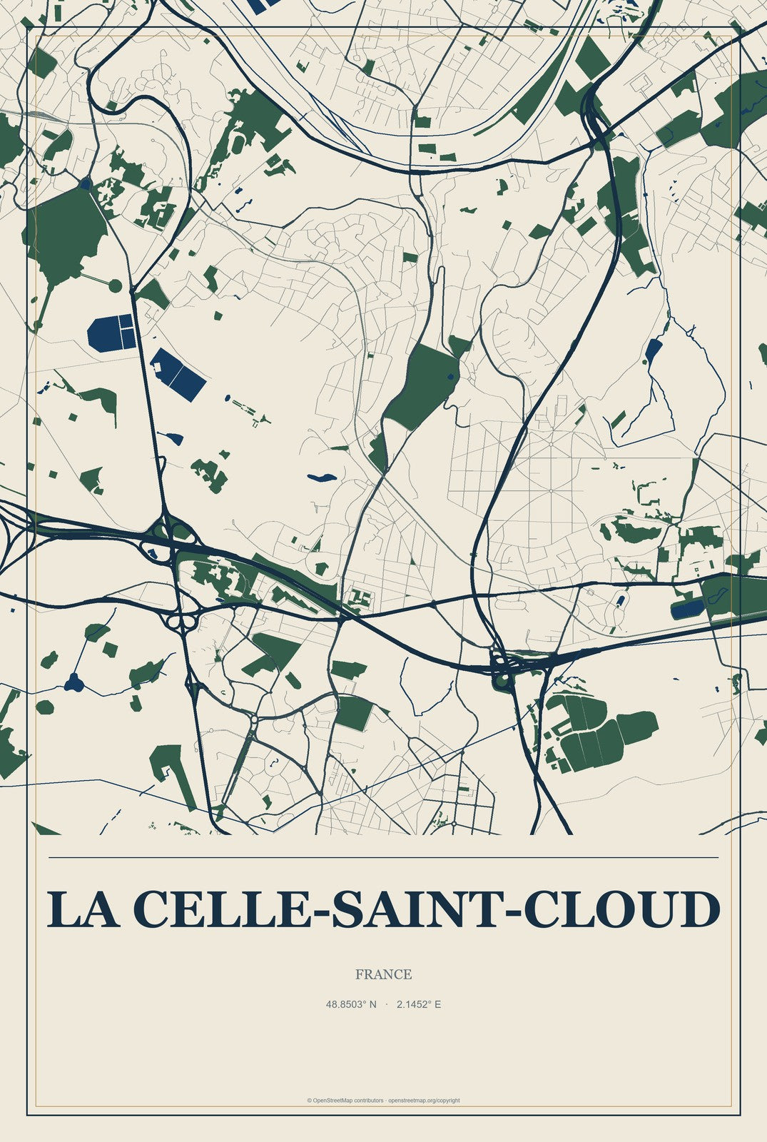 La Celle-Saint-Cloud, France City Map Aluminum Sign in Coastal Cutout style