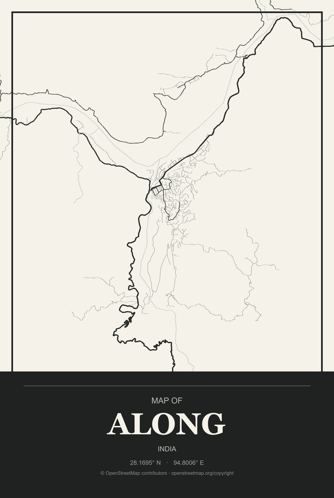 Along, India City Map Aluminum Sign in Museum Plaque style