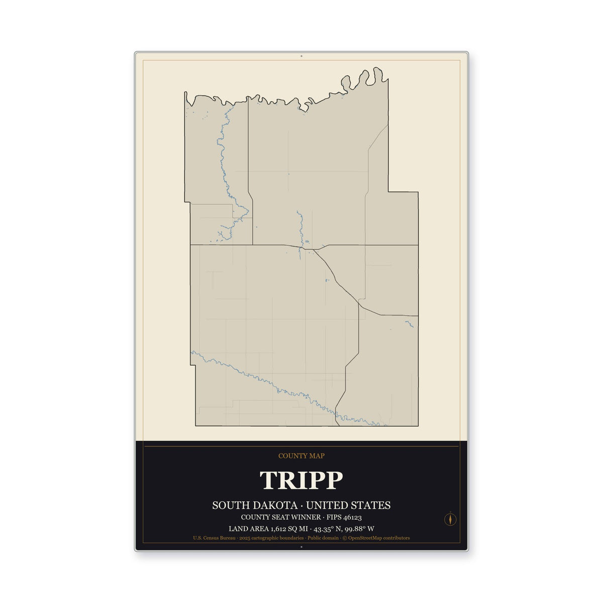 Tripp County, South Dakota Map Aluminum Sign in Museum Plaque style