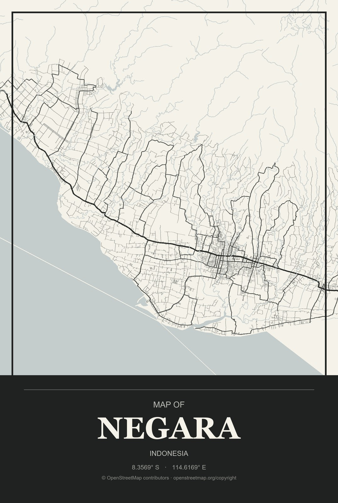 Negara, Indonesia City Map Aluminum Sign in Museum Plaque style