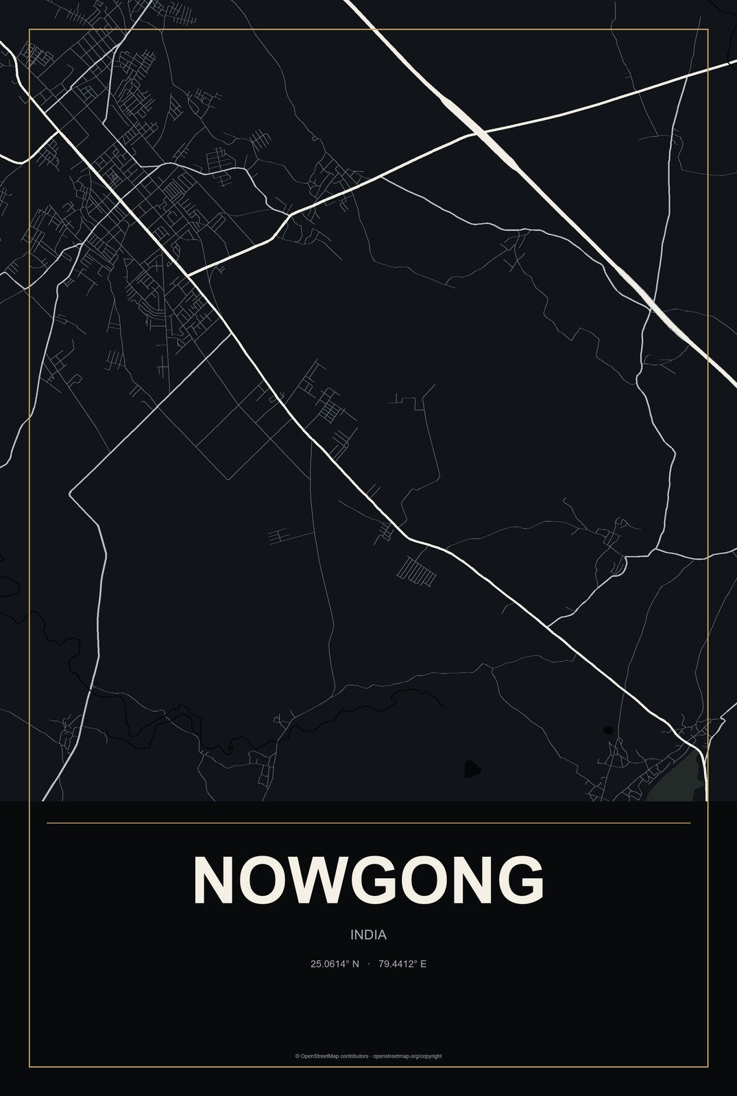Nowgong, India City Map Aluminum Sign in Metropolitan Noir style