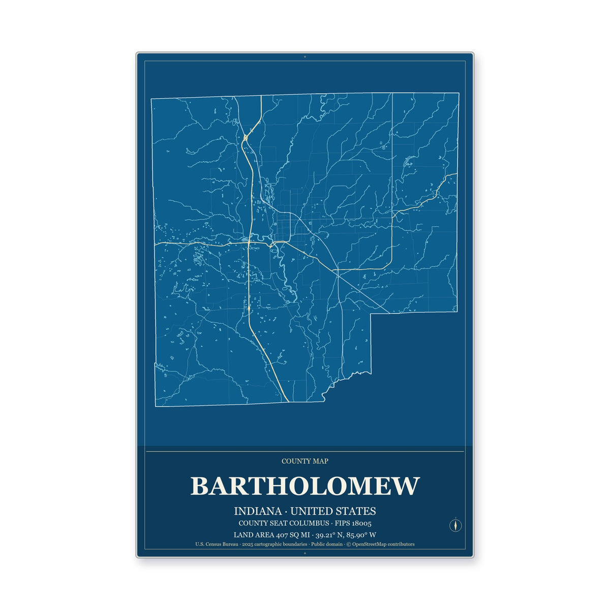 Bartholomew County, Indiana Map Aluminum Sign in Harbor Cobalt style