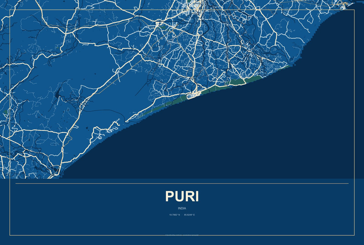Puri, India City Map Aluminum Sign in Harbor Cobalt style