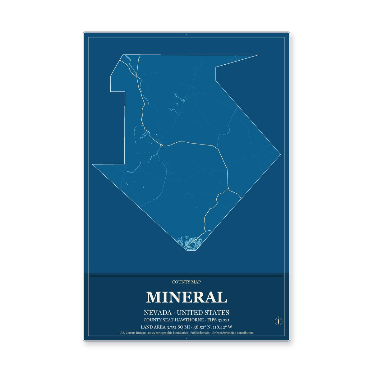 Mineral County, Nevada Map Aluminum Sign in Harbor Cobalt style