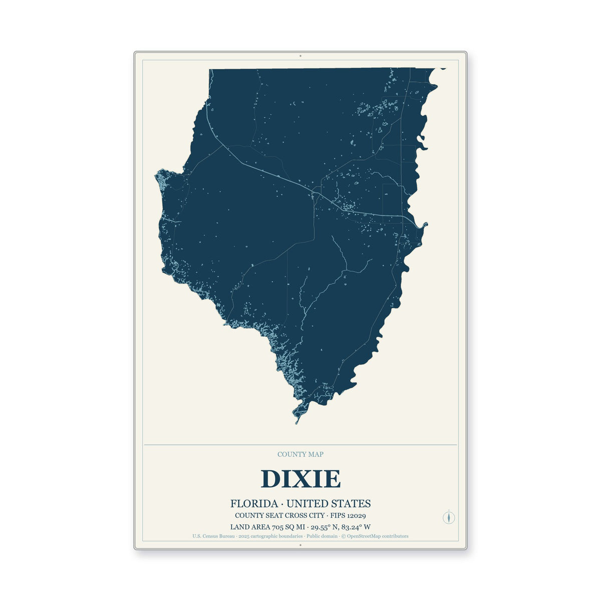 Dixie County, Florida Map Aluminum Sign in Coastal Cutout style
