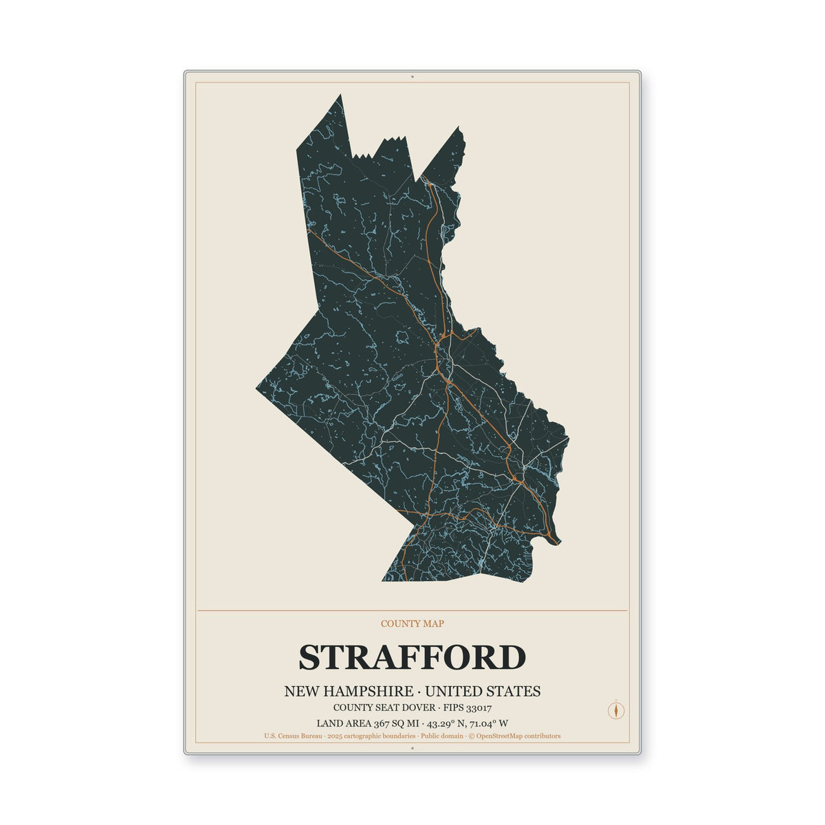 Strafford County, New Hampshire Map Aluminum Sign in Headline Atlas style