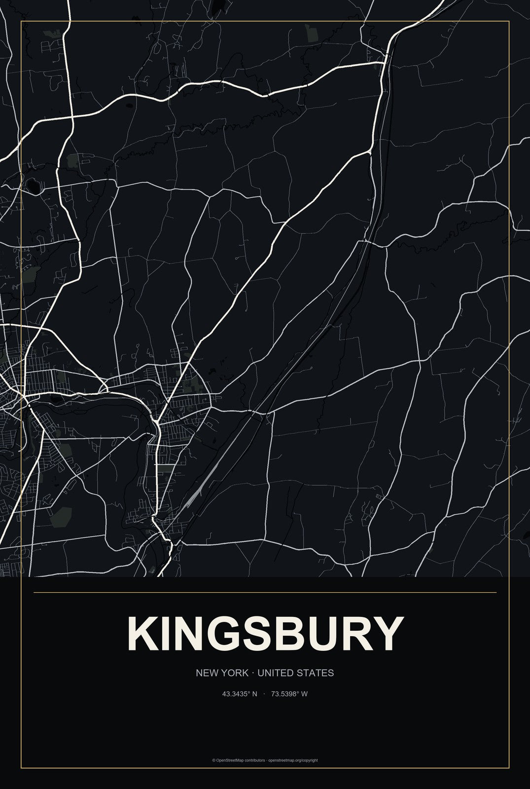 Kingsbury, New York City Map Aluminum Sign in Metropolitan Noir style