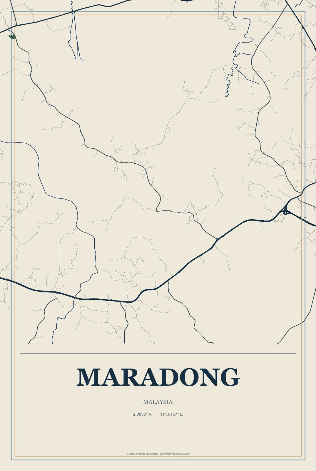 Maradong, Malaysia City Map Aluminum Sign in Coastal Cutout style