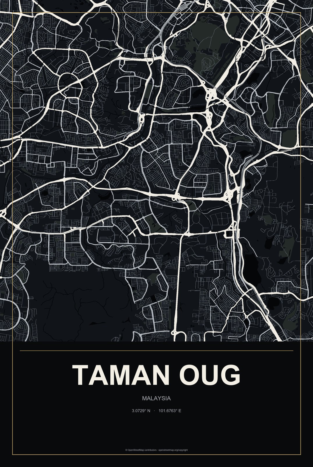 Taman OUG, Malaysia City Map Aluminum Sign in Metropolitan Noir style