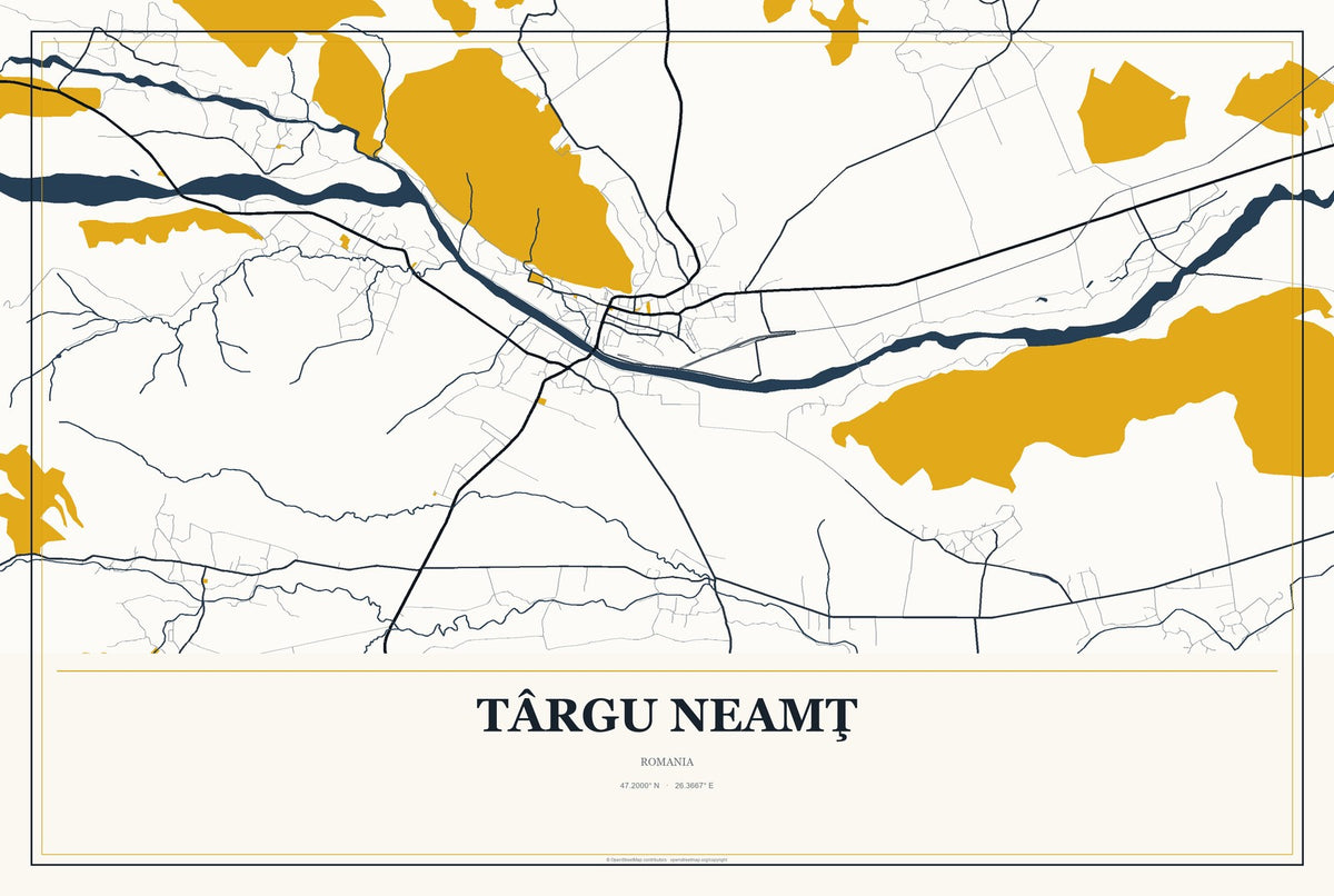 Târgu Neamţ, Romania City Map Aluminum Sign in Citrine Modern style