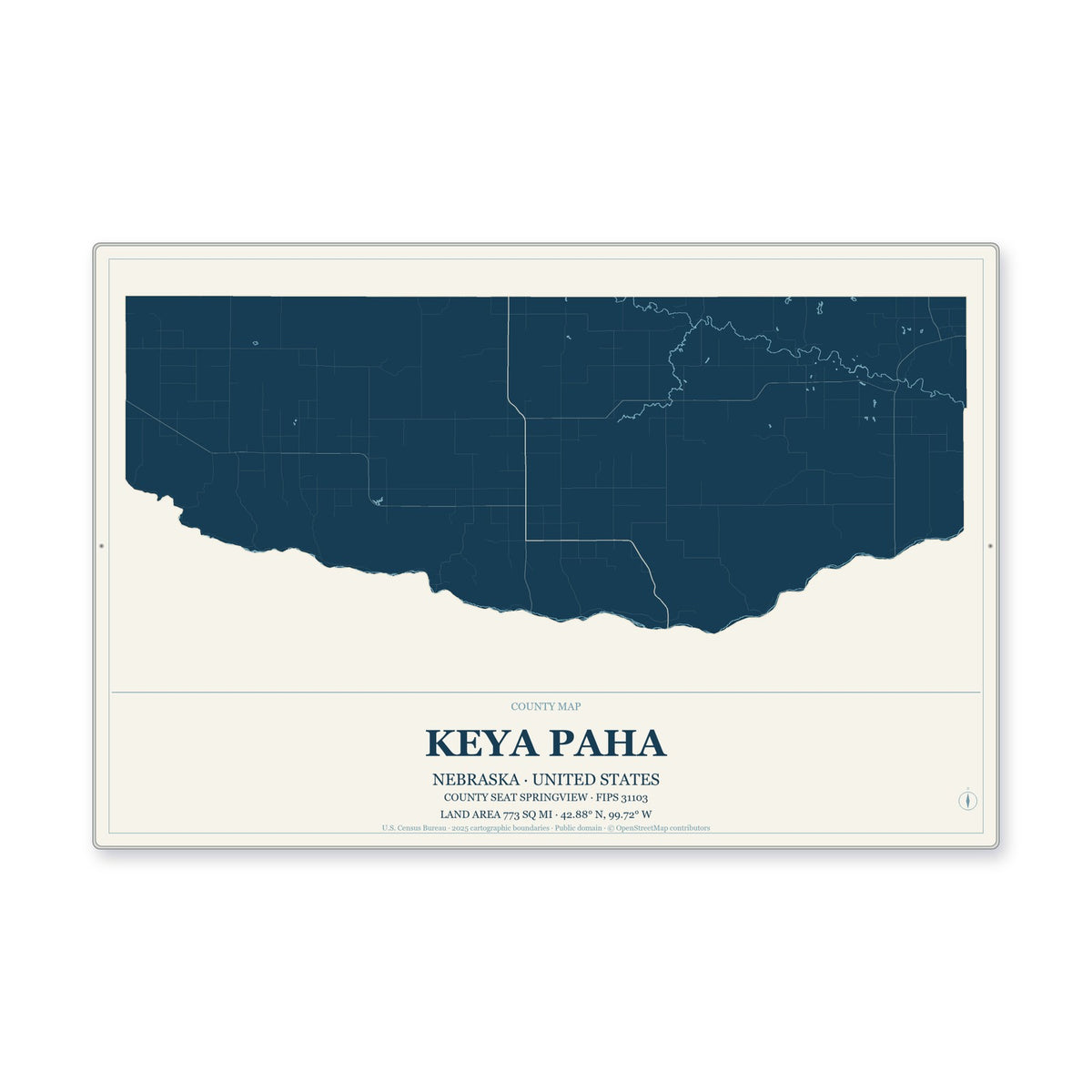 Keya Paha County, Nebraska Map Aluminum Sign in Coastal Cutout style
