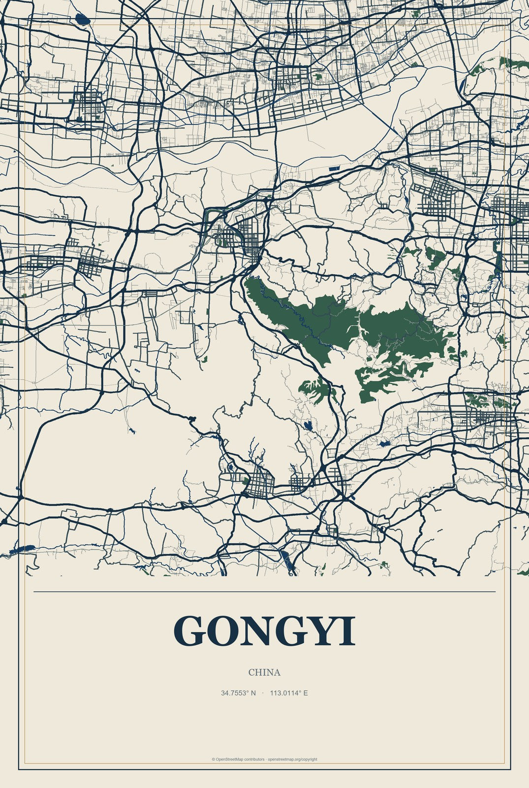 Gongyi, China City Map Aluminum Sign in Coastal Cutout style