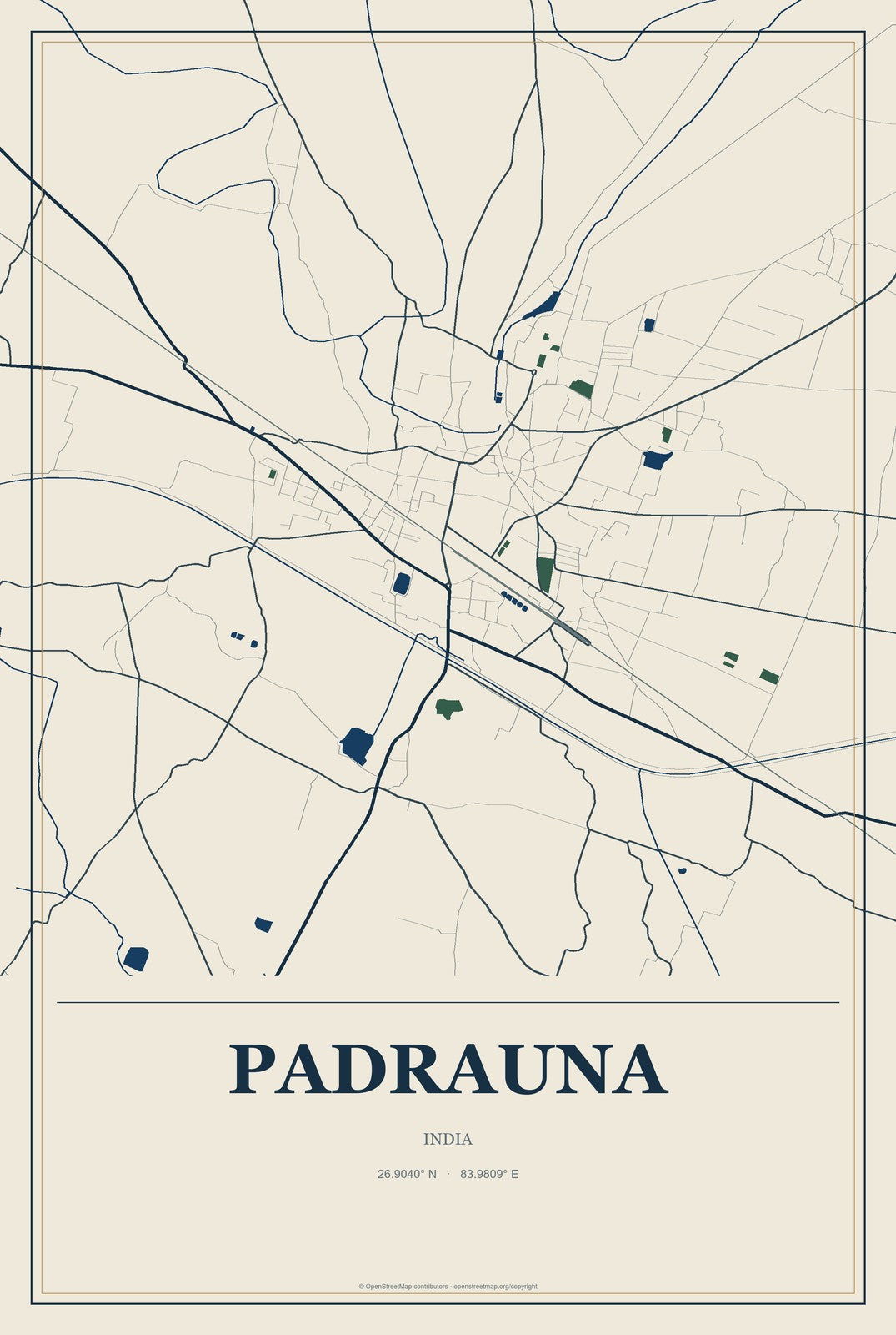 Padrauna, India City Map Aluminum Sign in Coastal Cutout style