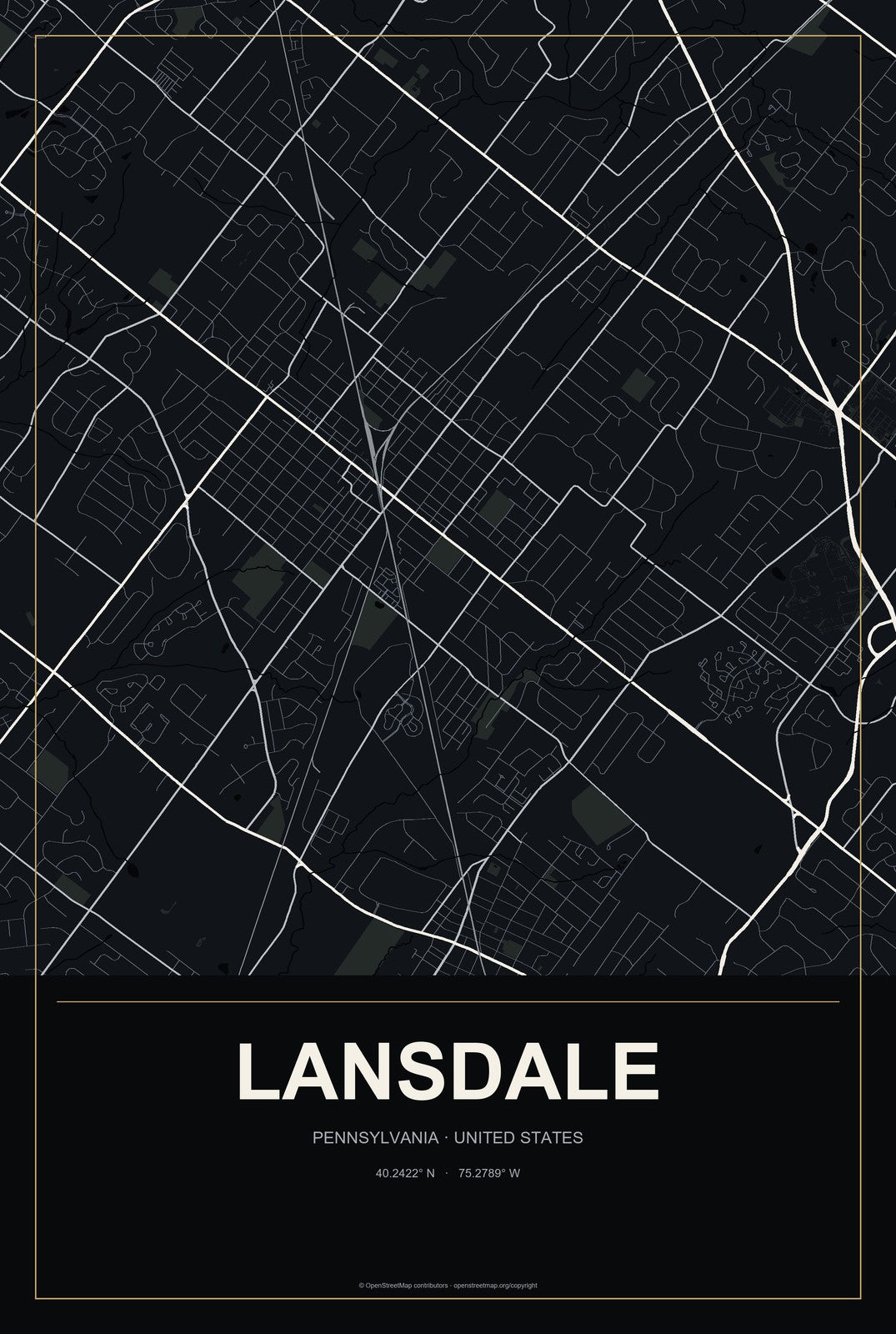 Lansdale, Pennsylvania City Map Aluminum Sign in Metropolitan Noir style