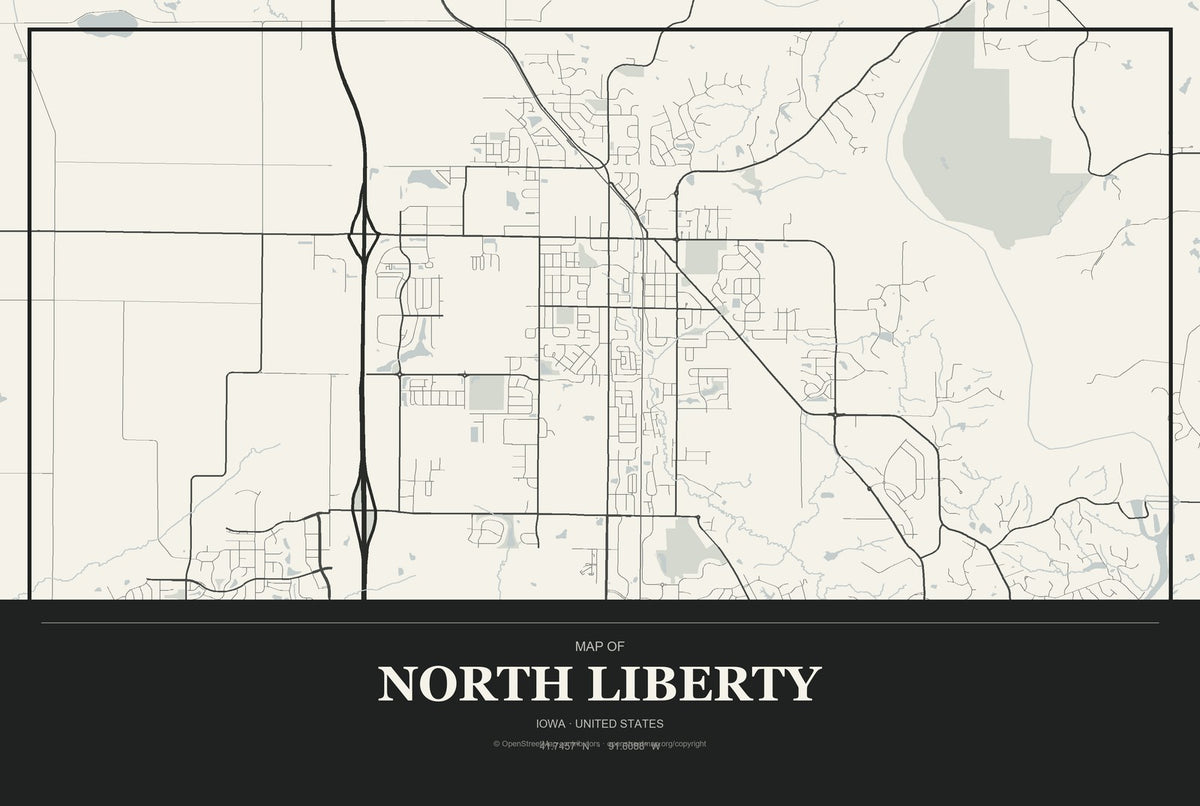 North Liberty, Iowa City Map Aluminum Sign in Museum Plaque style