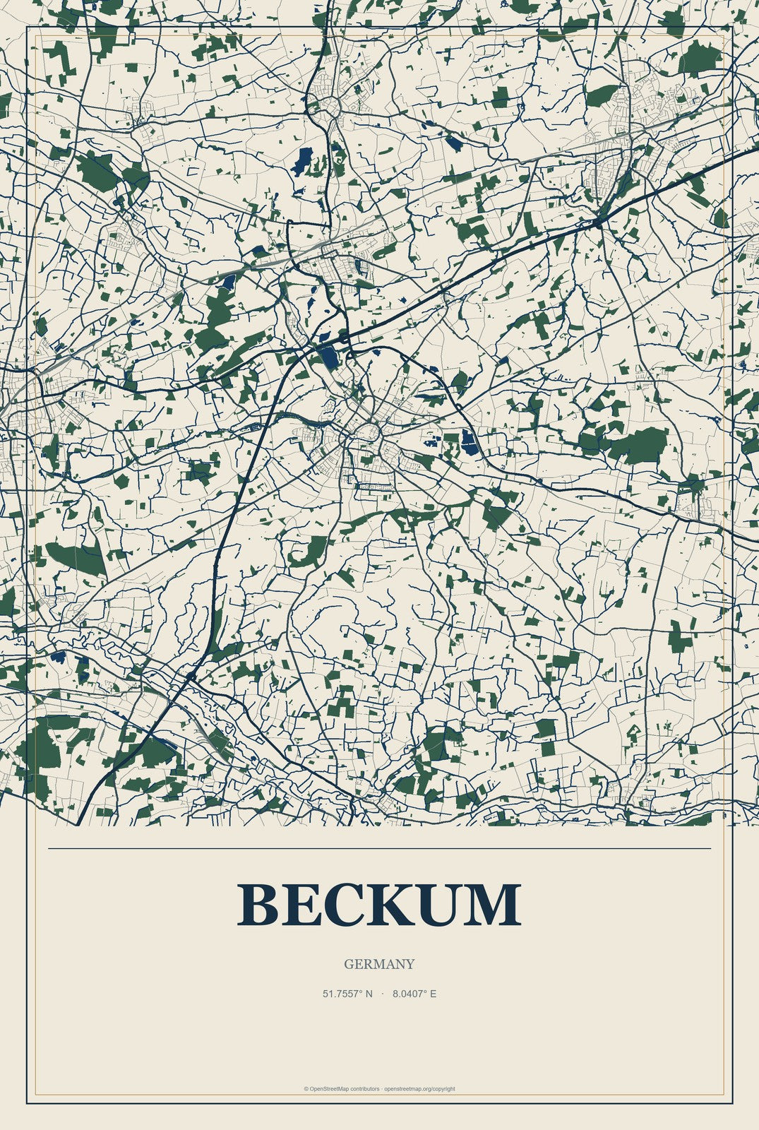 Beckum, Germany City Map Aluminum Sign in Coastal Cutout style