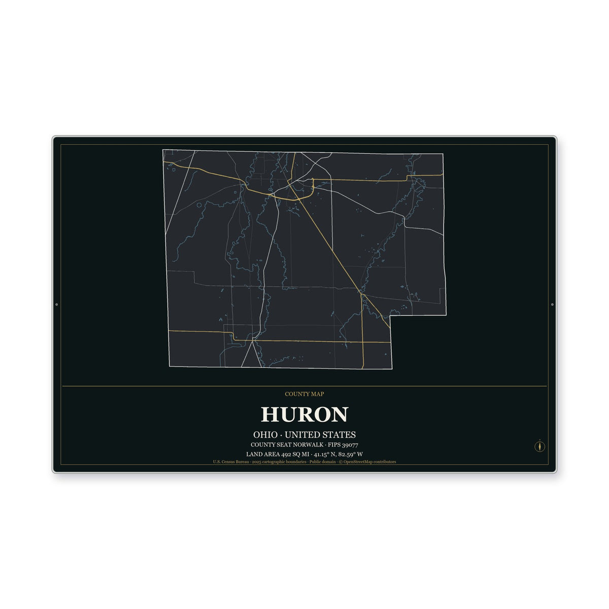 Huron County, Ohio Map Aluminum Sign in Metropolitan Noir style