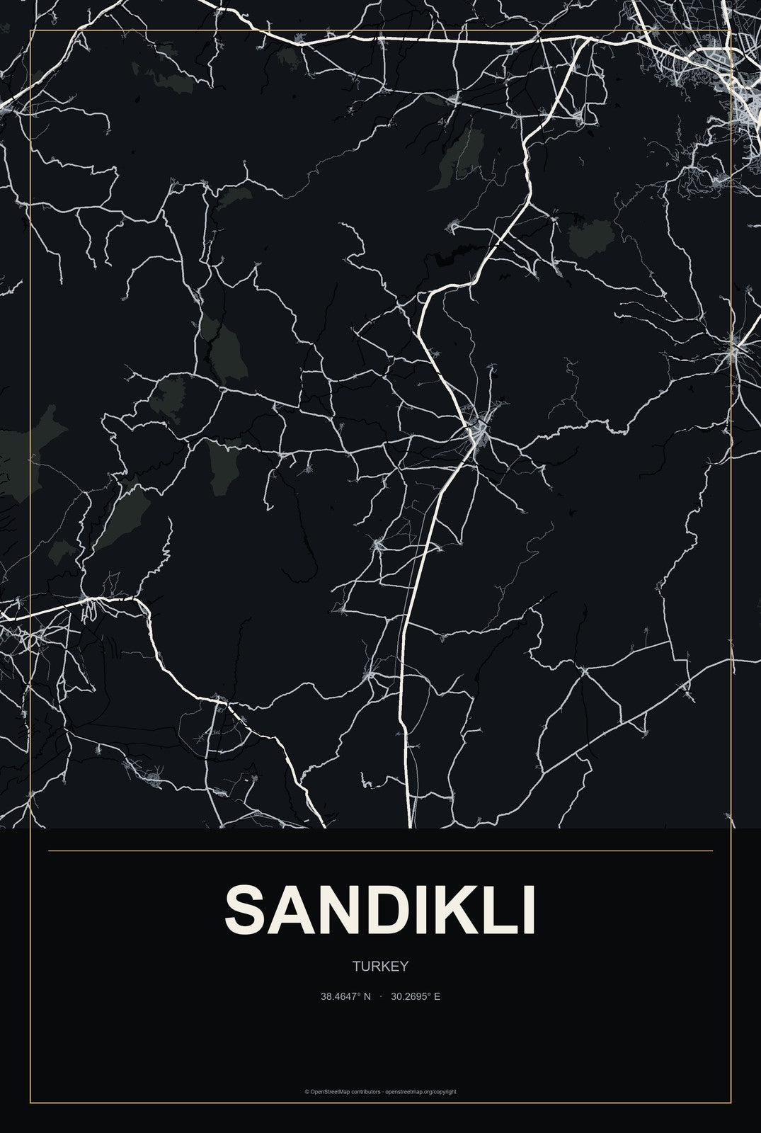 Sandıklı, Turkey City Map Aluminum Sign in Metropolitan Noir style