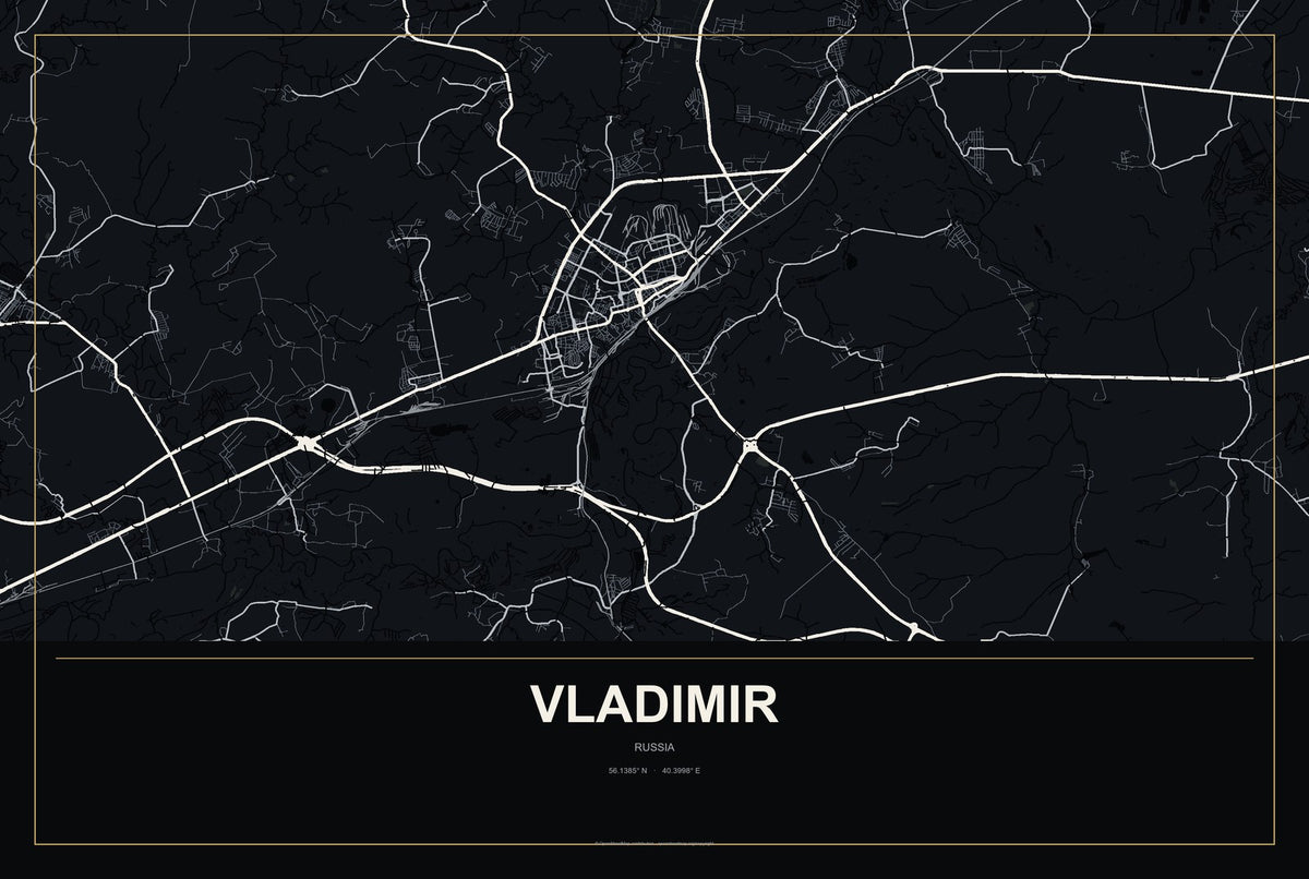 Vladimir, Russia City Map Aluminum Sign in Metropolitan Noir style
